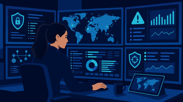 Determined woman SOC analyst monitoring cyber threat dashboards with global attack map, warning alerts, shield icons, analytics panels and blue command center screens at night vector art