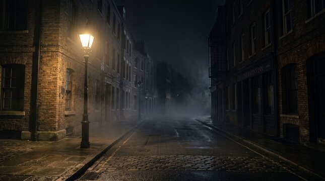 Vintage brick buildings line a narrow cobblestone street illuminated by a glowing street lamp during a dark and mysterious night filled with thick rolling fog