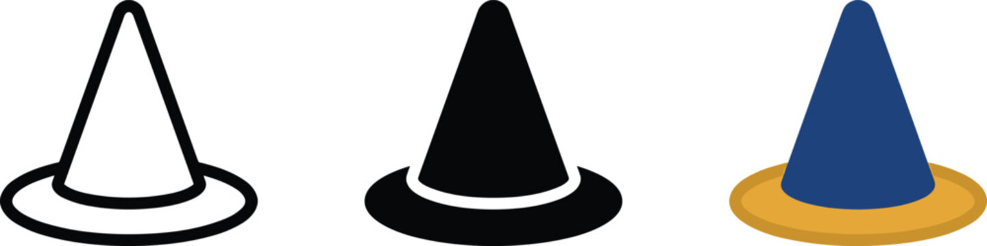 Set of three witch hats in different styles, outline, solid black and colored vector illustration for halloween design