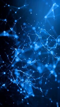 Glowing blue network of interconnected nodes forming layered triangular mesh with luminous lines over deep navy background, with network, node, connection, technology detail