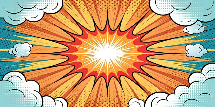Comic explosion background with clouds and colorful radial lines