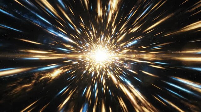 Hyperspace warp speed light streaks exploding outward in dark space for sci-fi and technology intro