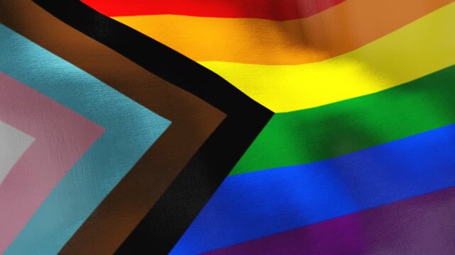 Gay pride rainbow waving inclusive flag. Seamless cgi animation highly detailed fabric texture in cinematic slow motion. LGBTIQ+ background