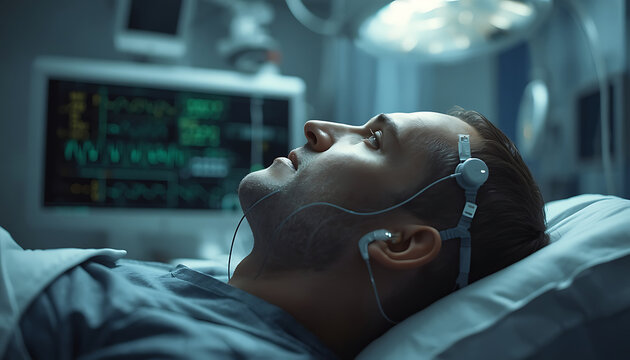 Profile view of a male patient resting on a hospital bed with electrodes attached to his head for an EEG or sleep study, created with generative ai.