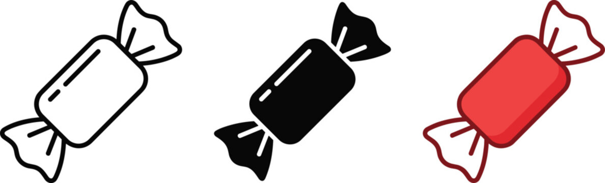 Set of three candy icons, including outline, solid black, and red colored versions, representing sweet treats and confectionery items