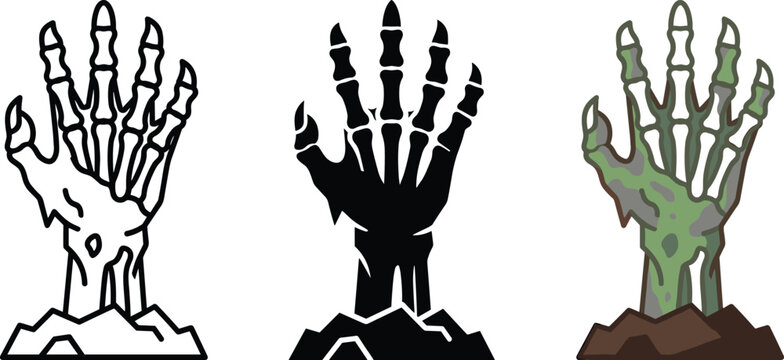 Set of zombie hand icons, skeleton hand rising from the ground, vector illustration for halloween design