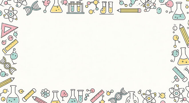 Educational science laboratory equipment hand drawn doodle border frame on white background with chemistry, research