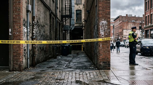 Uniformed police officer standing guard near a bright yellow caution tape stretched across a narrow dark urban brick alleyway during a cloudy overcast afternoon day