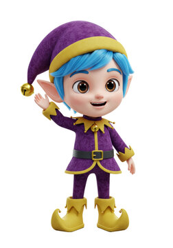 High-quality 3d render of a cute young elf boy with bright blue hair, wearing a purple velvet costume and yellow cartoon boots, isolated on a transparent background. Concept for holiday character