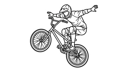 Obraz premium Creative Black and White Line Drawing of BMX Rider Performing a Dynamic Wheelie Trick on a Mountain Bike