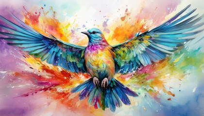 Fototapeta premium vivid watercolor bird in flight wings spread wide erupting in colorful paint splashes