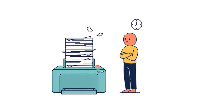 Minimalist office illustration of a man waiting for a printer, large stack of paper documents, business workflow and deadline concept