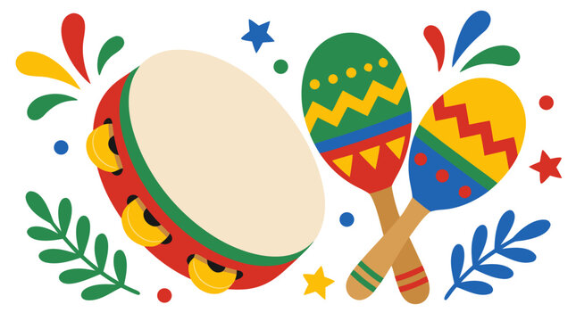 Festive tambourine and crossed maracas with bright red, yellow, green and blue confetti accents, lively Latin percussion vector illustration for fiesta invitations, music events and party decor