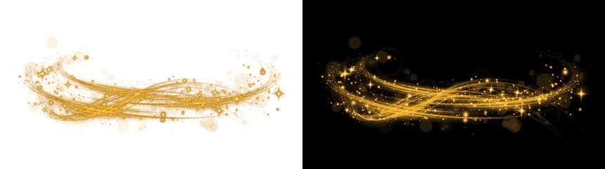 Golden magic light swirl with realistic sparkling particle trails and shimmering star effects for cinematic overlays including PNG, Transparent and Black Background Versions © Crafter