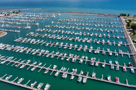 Aerial View of Boats in a Marinia along Lake Michigan