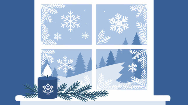 Cozy winter window vector scene with frosted snowflakes, glowing blue candle, pine sprigs, snowy forest view and crisp white holiday frame for Christmas greeting design on a peaceful frosty windowsill