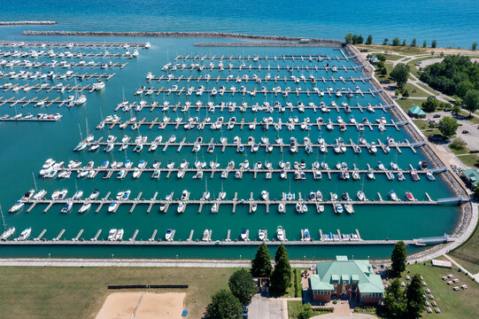Aerial View of Boats in a Marinia along Lake Michigan