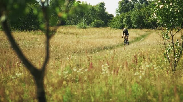 Cyclist Riding Bicycle On Trail Through Field. Athlete Training Outdoors 