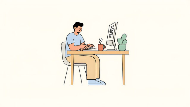 Minimalist cartoon illustration of a man working at a desk, male freelancer using a computer in a home office, professional employee typing on a keyboard