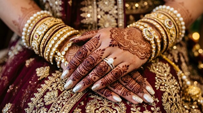 Intricate mehndi designs adorn bride's hands during traditional indian wedding