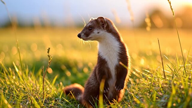A wild stoat sits curiously within a lush green meadow during the warm golden hour light as soft sun rays illuminate the fur of this agile creature standing peacefully amidst the tall summer