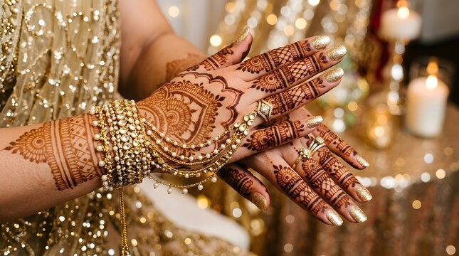 Intricate henna designs and gold jewelry on a bride's hands