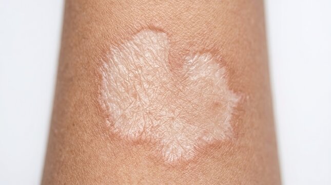 Macro close up of a scaly hypopigmented skin patch indicating fungal infection or eczema