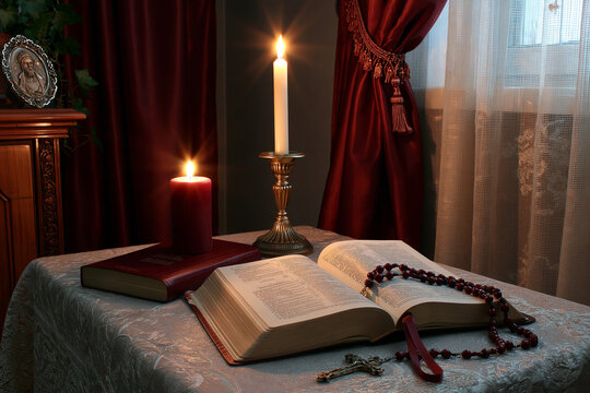 Setting a table with candles and a book at home