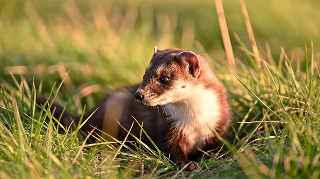 A cautious wild least weasel observes its surroundings while resting within the tall green grass during a sunny afternoon, displaying natural behavior as the small predator explores its home