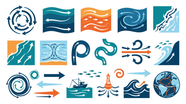 Ocean Currents Icons Set: Marine Biology, Water Flow, Earth Globe, Navigation