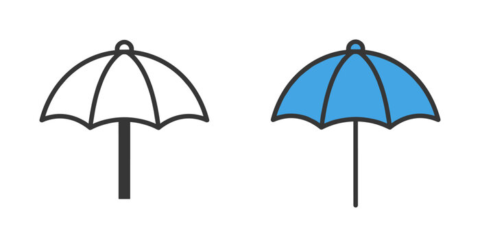 Beach umbrella vector icon set, linear and flat outline parasol symbols for summer vacation and travel design on transparent background
