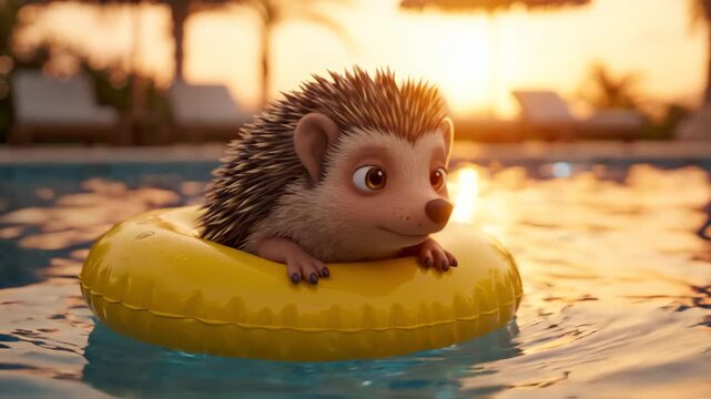 Cute 3D animated hedgehog floating on yellow inflatable ring in pool at sunset for summer fun content