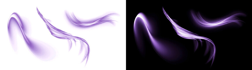 Set of three purple abstract flowing light waves with smooth ethereal trails and soft glowing motion effects for background overlays including PNG, Transparent and Black Background Versions © Crafter