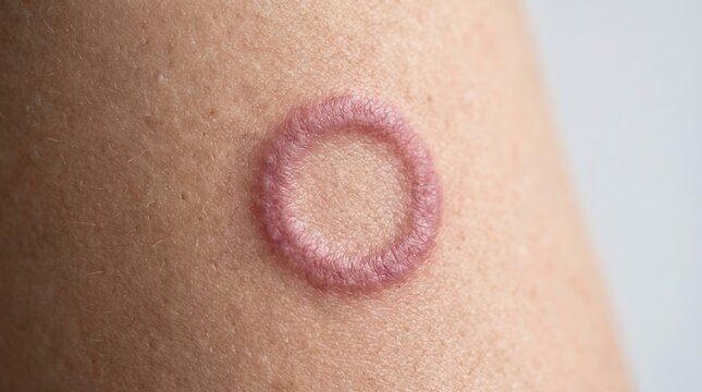 Macro detail of a red circular ringworm tinea fungal infection rash on human skin