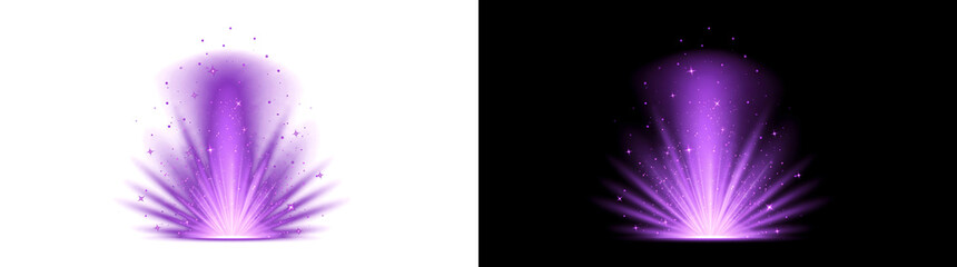 Purple magic energy burst fountain with realistic glowing light rays and shimmering sparkle particles for cinematic overlays including PNG, Transparent and Black Background Versions © Crafter