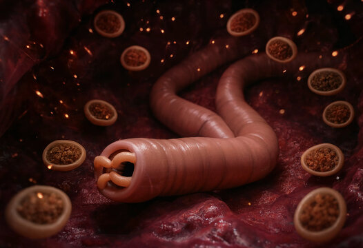 Medical visualization of human intestinal roundworm parasite ascaris lumbricoides with eggs 3d render illustration
