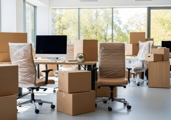 Naklejka premium Modern Office Relocation with Cardboard Boxes and Wrapped Furniture in Bright Workspace for Business Moving Concept