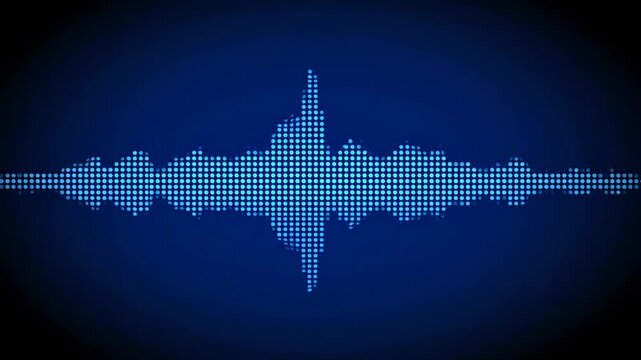 Blue dotted sound wave pulsing and animating on dark background for music and audio technology