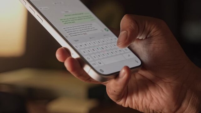 Man hands chatting and typing on smartphone macro closeup. Unrecognizable human typing text message tapping touchscreen keyboard using whatsapp application a social media