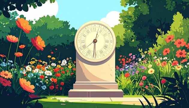 Garden clock on stone pedestal with blooming flowers.