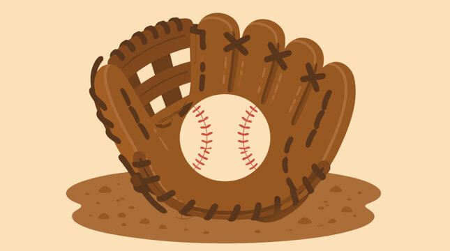 Vintage leather baseball glove cradling a stitched ball on dusty infield dirt, warm brown cartoon vector illustration for sports posters, youth league branding, game day graphics and nostalgic merch