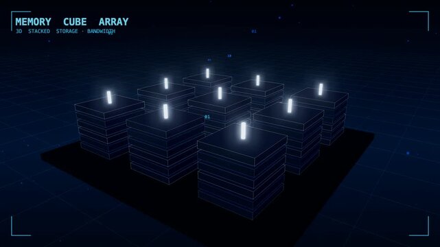 Memory cube hbm stacks bus, computing hardware and data center concept 3D animation, seamless loop.