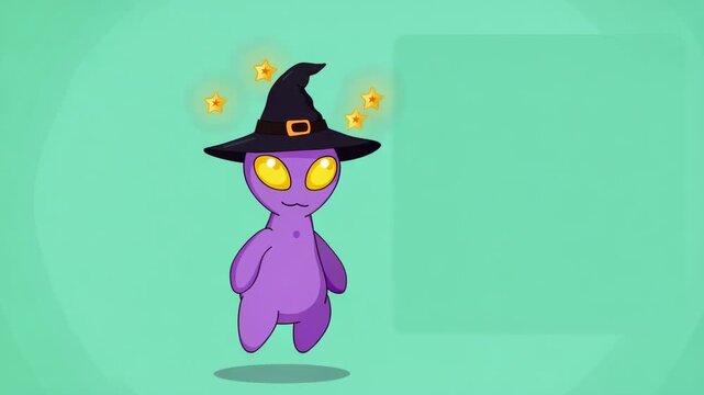 A cute purple alien creature wearing a witch hat with glowing stars on a light green background.