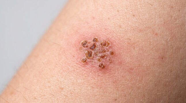 Macro close up of herpes simplex virus or shingles blister rash on human skin