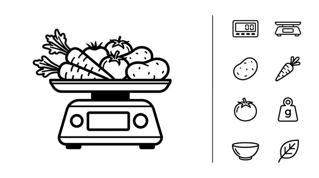 Kitchen Scale with Fresh Vegetables Icon Set
