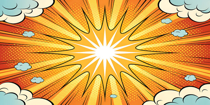 Comic book style sunburst background with stylized clouds