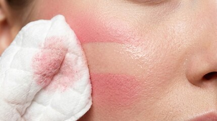 Naklejka premium Close up of wiping pink makeup blush from facial skin with a white cotton pad