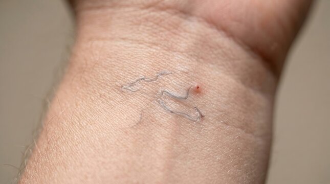 Macro close up of cutaneous larva migrans parasitic infection creeping eruption on human skin