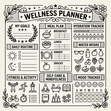 Comprehensive wellness planner page with health and habit trackers