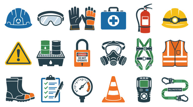 Workplace Safety Equipment Flat Icon Set. Industrial Health, PPE and OSH Protection Glyph Collection.